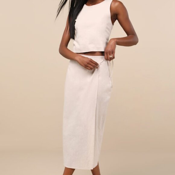 Lulus Aubin Light Beige Column Wrap Midi Skirt - Size M - Picture 1 of 1